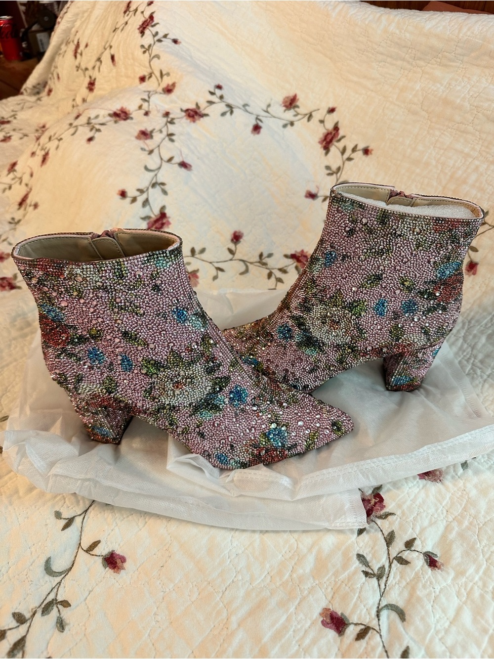 Betsey Johnson Pink Crystal Floral Ankle Boots